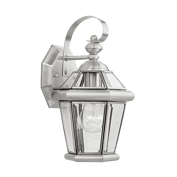 7 inch 1 Light Brushed Nickel Outdoor Wall Lantern Pendant Lighting Fixture with Clear Glass Panel Shade backed with Hand Crafted Solid Brass material for patio, front porch, entryway and more
