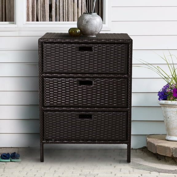 Outsunny Patio Wicker Pool Cabinet, PE Rattan Storage Cabinet Organizer, Outdoor Towel Rack for Pool with 3 Large Drawers, Brown