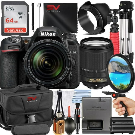 Nikon D7500 Mirrorless Camera with 18-140mm Lens   SanDisk 64GB Memory Card   Pistol Grip Tripod   SV Premium Accessory Bundle (International Version)