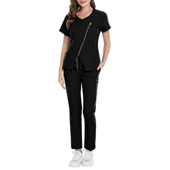 HAJWOH Black Scrubs Sets for Women Stretchy Nurse Uniform Short Sleeve V-Neck Scrub & Jogger Pant Solid Color Medical Scrub Sets with Multi Pockets Black XXL