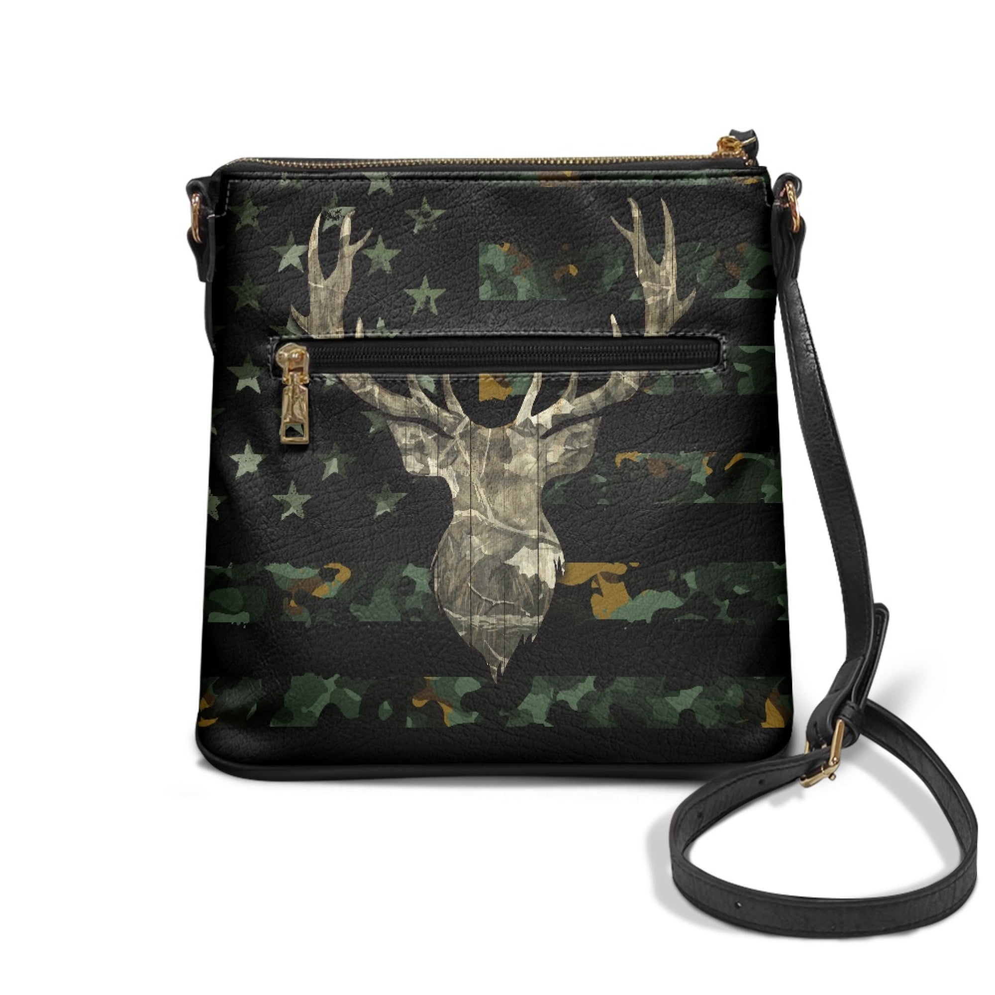 Kuiaobaty Camo Hunting Print Women's Crossbody Bag, American Flag Deer Print Trendy Vegan Leather Shoulder Purse with Adjustable Strap, Casual Portable Satchel Purse Crossbody for Travel