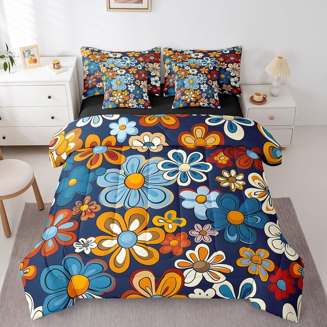 YST Ensemble de Literie Fleur Hippy Girl, Simple, 7 Pcs, Fleurs Vintage 1960, Flower Power