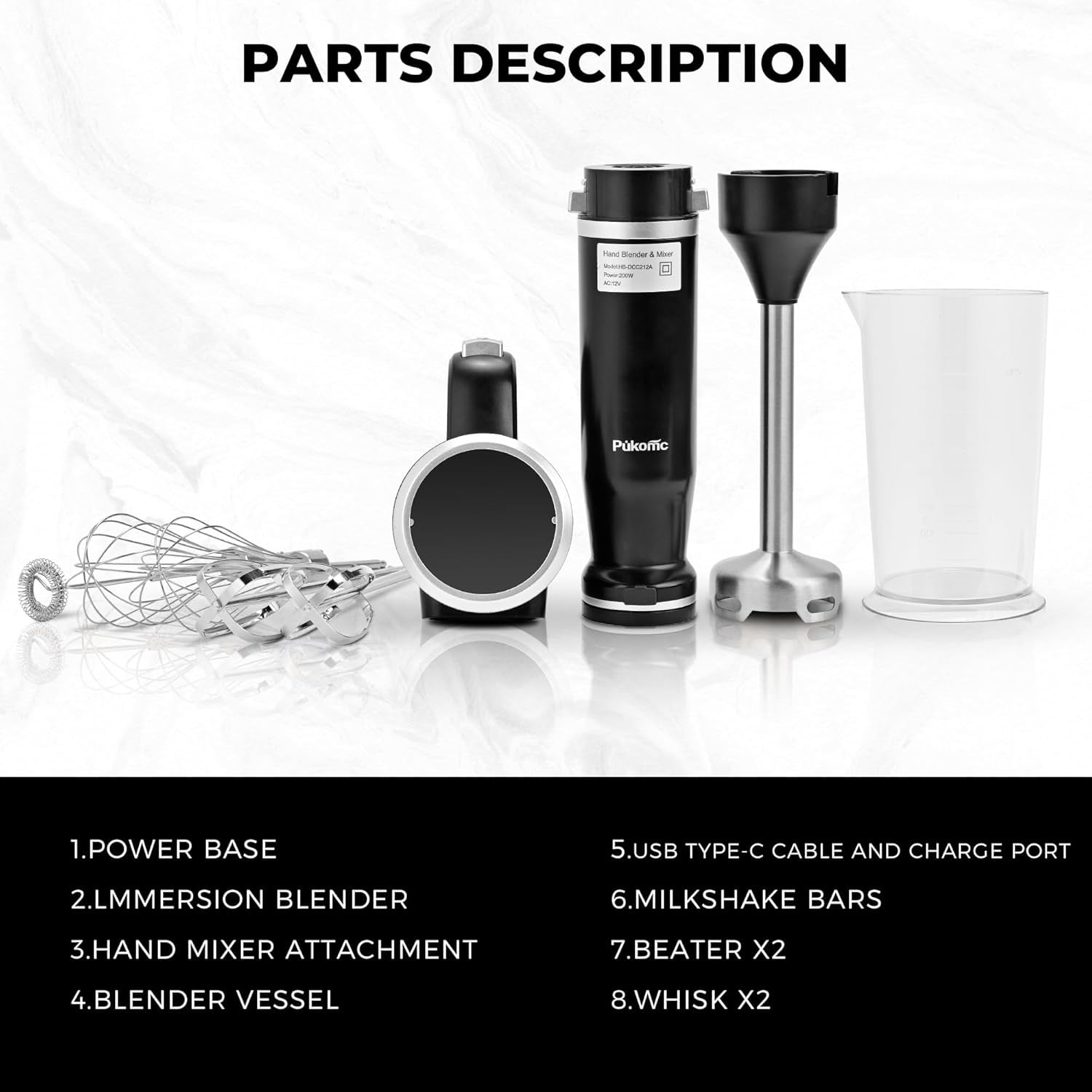Hand Mixer,5-in-1 Multifunctional Portable Charging Device Hand Blender,with lmmersion Blender and Beater,Whisk,Milkshake Bars,Blender Vessel,Easy to Clean