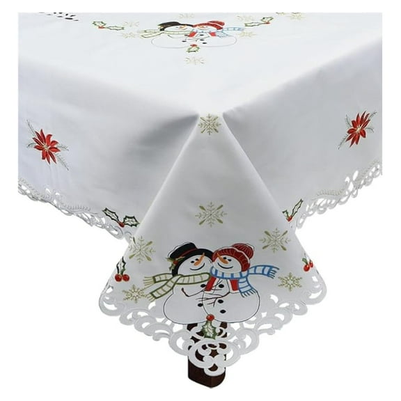 Christmas Tablecloth 68" Square with 8 Napkins - Embroidered Snowman Snowflake Poinsettia Winter Table Linen - White Festive Holiday Decor