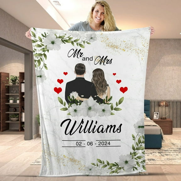 Personalized Wedding Blanket - Custom Mr and Mrs Throw Blanket with Couple Name & Date - Romantic Gift for Newlyweds, Anniversary, Bridal Shower- Sherpa-60x80