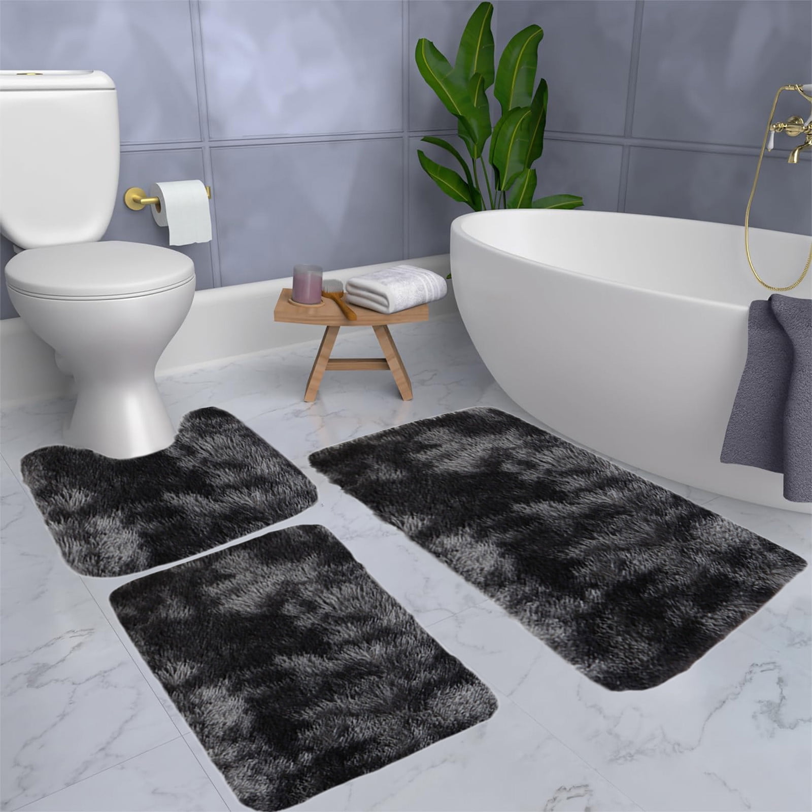 InsCrazy Bathroom Rugs Sets 3 Piece Mixed Color Bath Mats 3 Set Winter Toilet Mats Universal Soft Water Absorption Non-Slip Thick Machine Washable Easy To Dry Dark Bath Decor