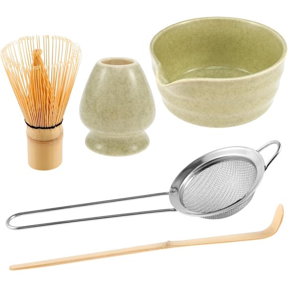 Traditional Japanese Matcha Ceremony 5-Piece Set: Eco-Friendly Bamboo Whisk, Ceramic Spouted Bowl with Dripless Design, Bamboo Scoop, Stainless Steel Sieve & Stand – Handmade Tools for Authentic Tea