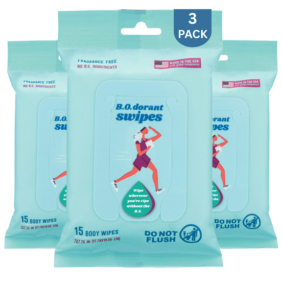 B.O.dorant Swipes – Body Wipes, 99% Naturally Derived, for On-the-Go Freshness, 15 Count, 3 Pack
