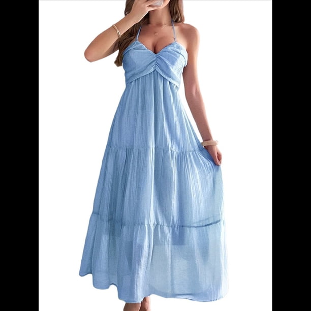 Vestido de Verano Sin Mangas con Cuello Halter para Mujer, Estilo Bohemio, Informal, con Espalda Descubierta y Fluido Azul S