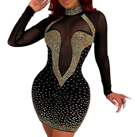gldaond Women s Long-Sleeved Sexy Tight-Fitting Hollow Hot Diamond Zipper Dress Underwear Mesh See-through Sexy Long Sleeve Bodycon Dress