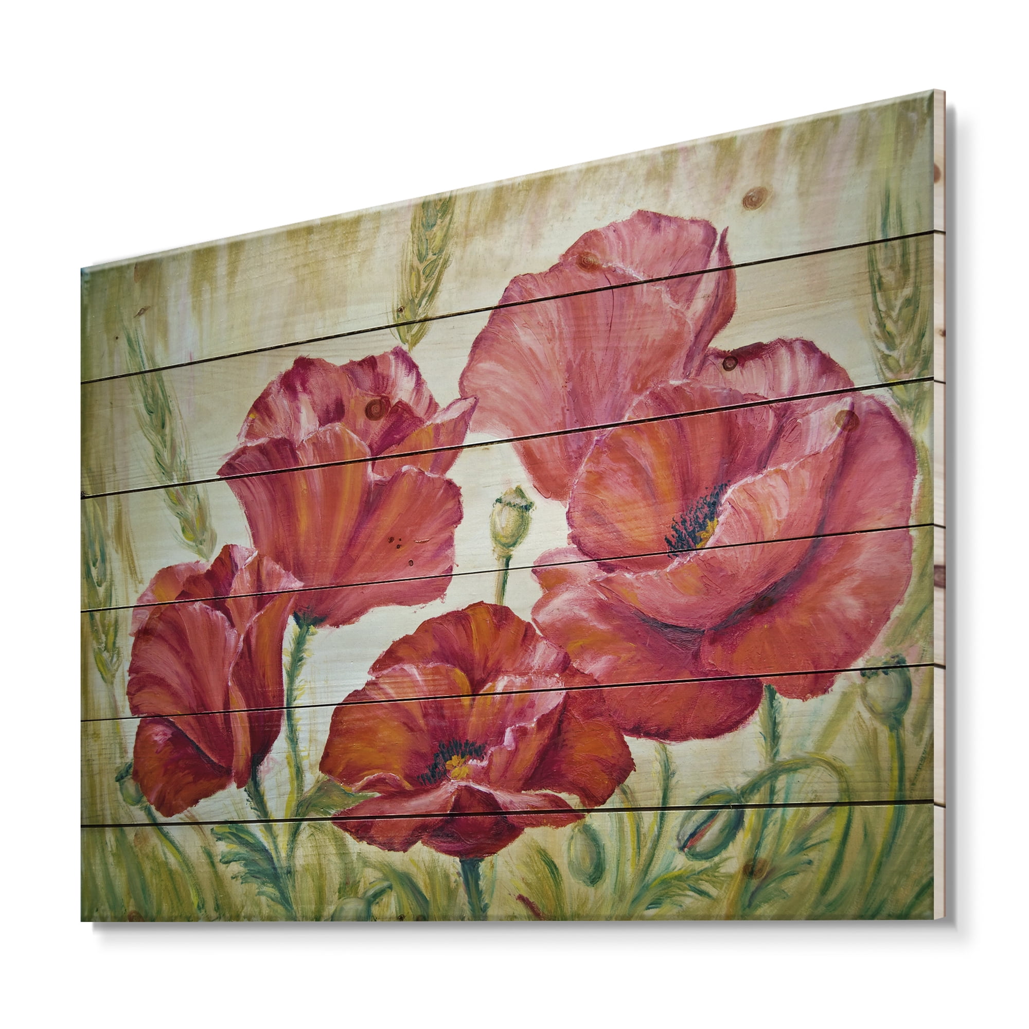 Designart 'Blossoming Red Poppies In The Morning' Traditional Print on Natural Pine Wood