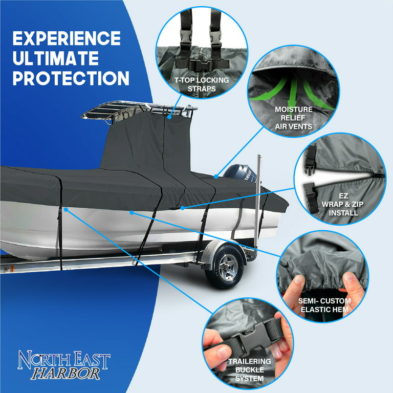 NEH T-Top Boat Cover 22-24ft, Thick Heavy Duty Fabric, Fade-Proof, Rip  Resistant, Waterproof, Trailerable, Hard Top Center Console Cover, Charcoal  Gray 