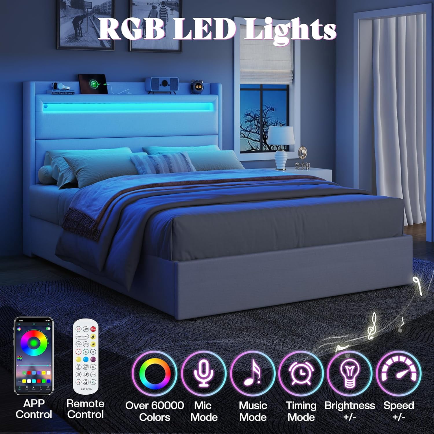 VanAcc Queen Size Upholstered Bed Frame with LED Storage Headboard, 4 Foldable Storage Drawers & Charging Station, White