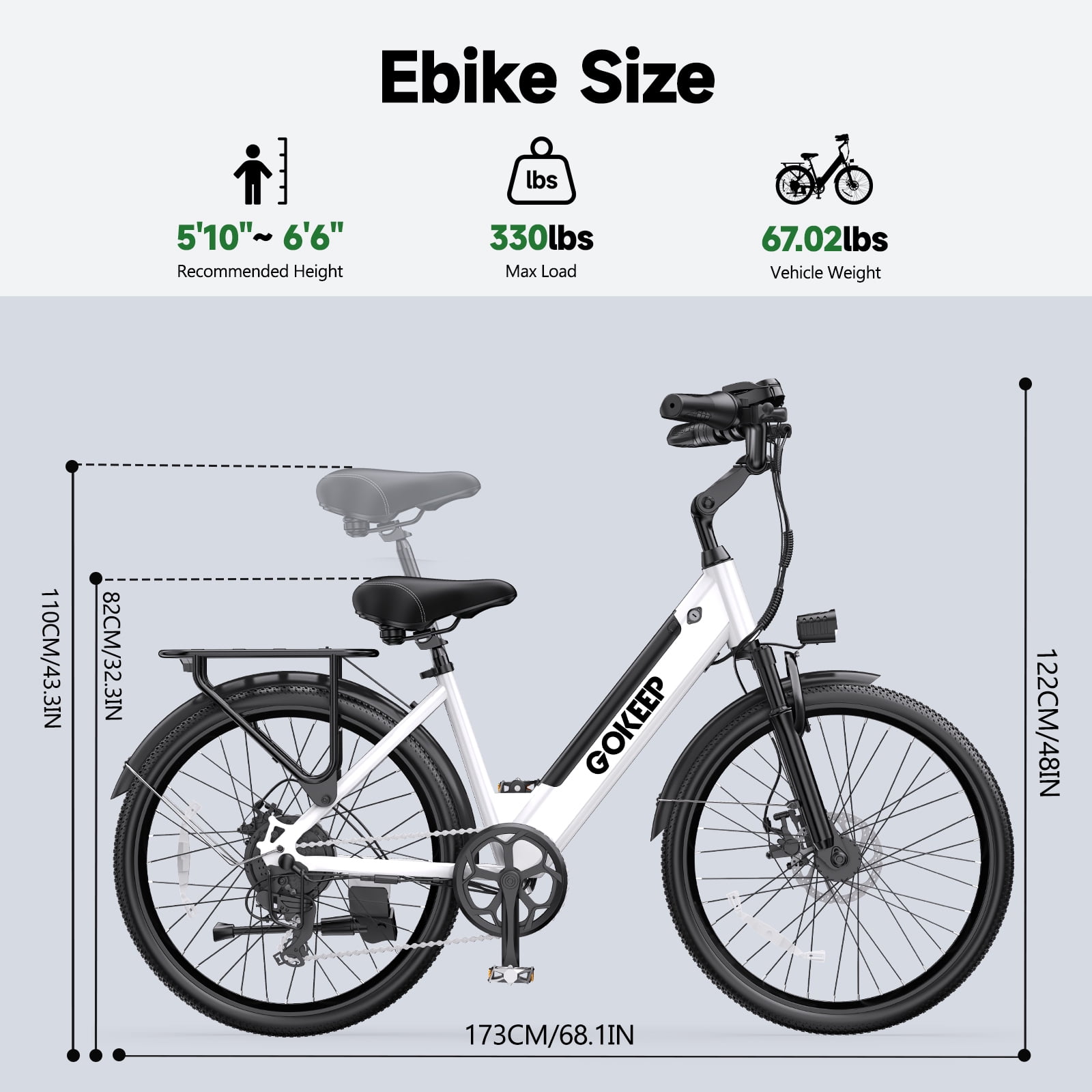 GOKEEP 26" Electric Bike for Adults, 600W Powerful Motor, 48V 10.4Ah Removable Battery E Bikes, Shimano 7 Speed Electric Commuter Bike, UL2849, White