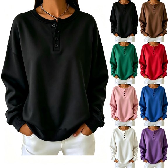 Tqcoqu Women's Solid Henley Button Crew Neck Pullover Sweatshirt,Long Sleeve Loose Casual Tops For Fall Winter,Black Women's S-XXL
