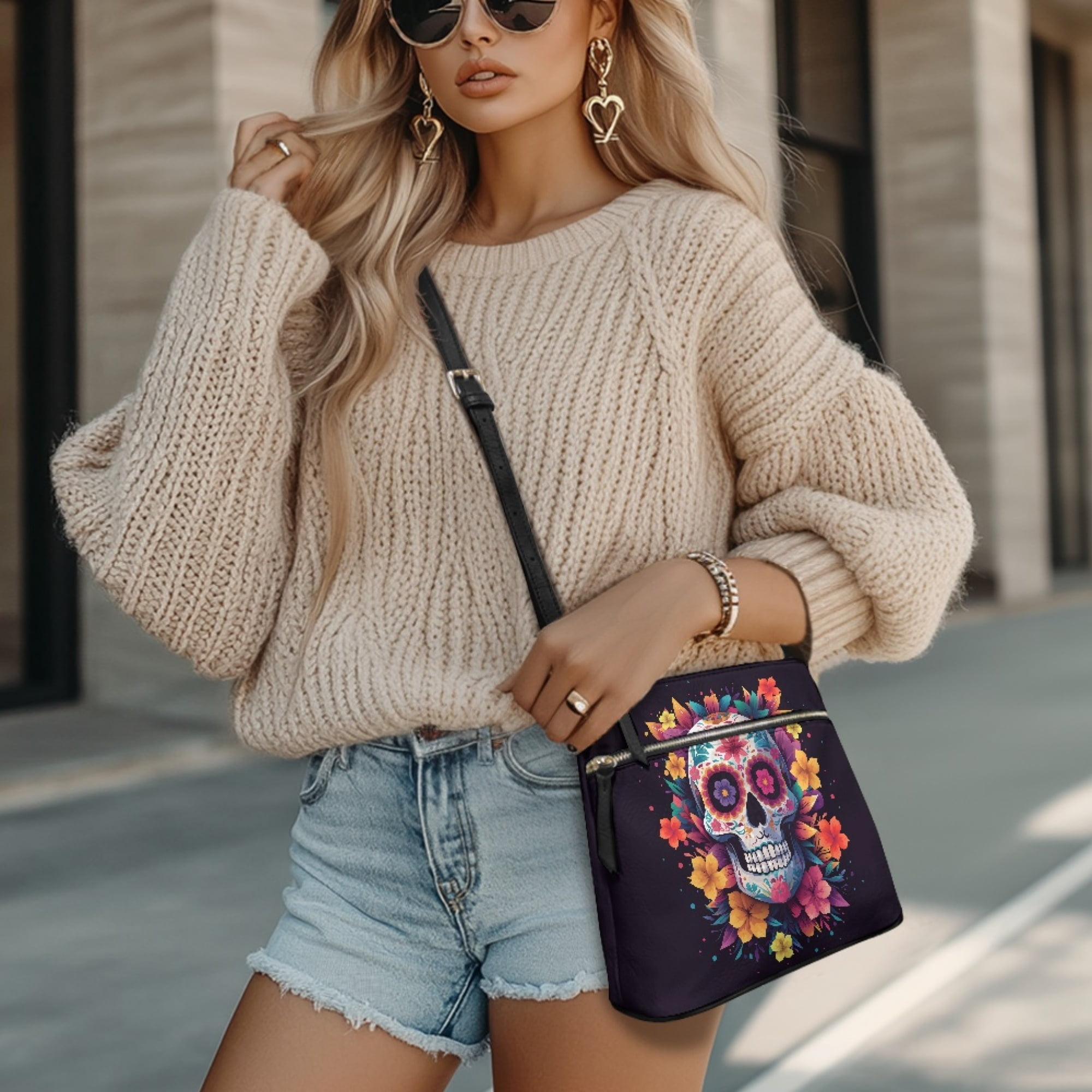 Kuiaobaty Skull Flower Print Crossbody Bag for Women. Zipped Pockets Portable Leather Satchel Purse with Adjustable Strap, Day of The Dead Hobo Handbag Crossbody for Travel & Shopping