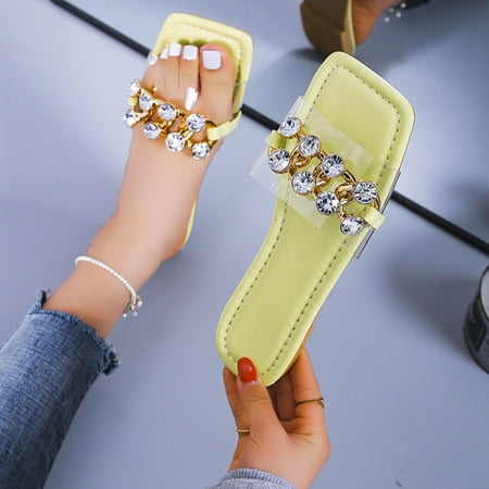 

Cathalem Ladies Fashion Solid Color Transparent Rhinestone Open Toe Chain Flat Sandals Animal Slippers for Women Size 8 Yellow 6.5