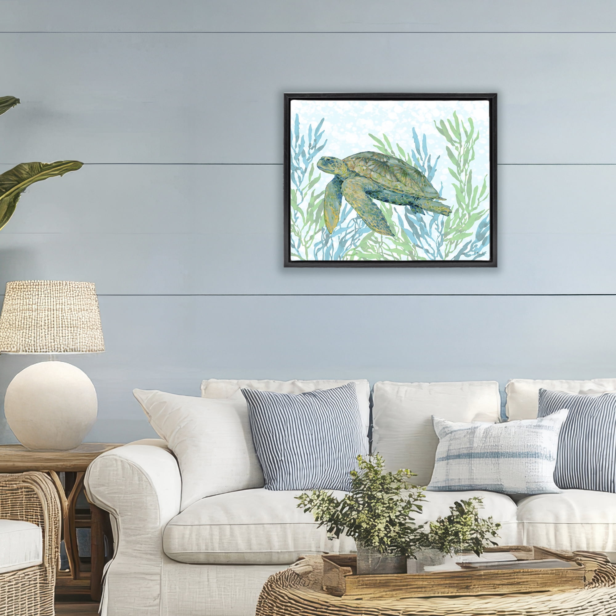 Stupell Industries Tasman Turtle in Seagrass Black Framed Floater Canvas Wall Art, design by Paul Brent