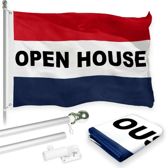 G128 Combo Pack: 6 Feet Tangle Free Spinning Flagpole (Silver) Open House Flag 3x5 ft Printed 150D Brass Grommets (Flag Included) Aluminum Flag Pole