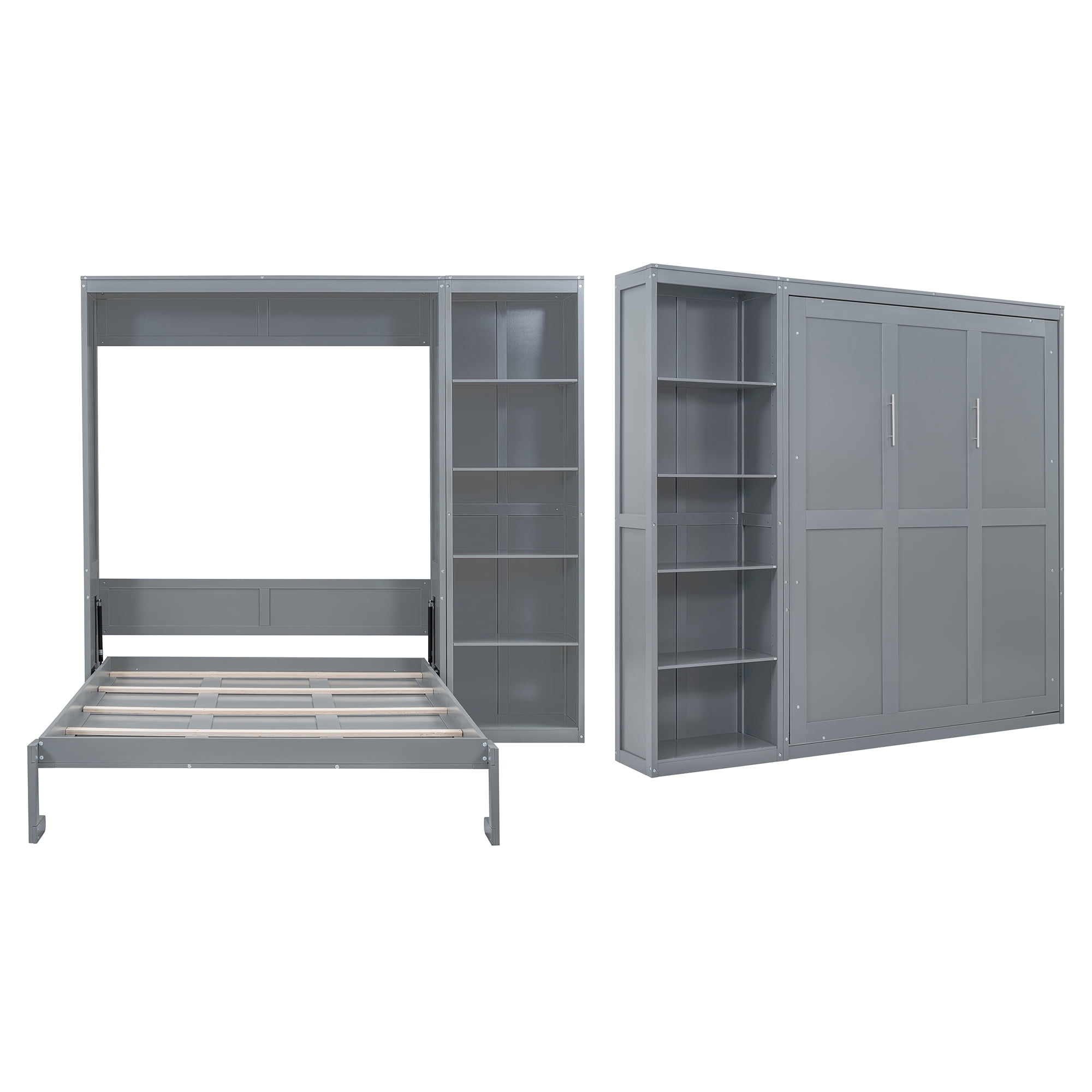 Aukfa Queen Murphy Bed, Wood Cabinet Bed Frame with Adujstable Shelves, Foldable Platform Wall Bed Frame for Guest-Room, Home, Office, Gray