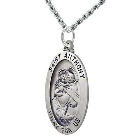 1in Antiqued 0.925 Sterling Silver Saint St. Anthony Medal Oval Pendant Necklace