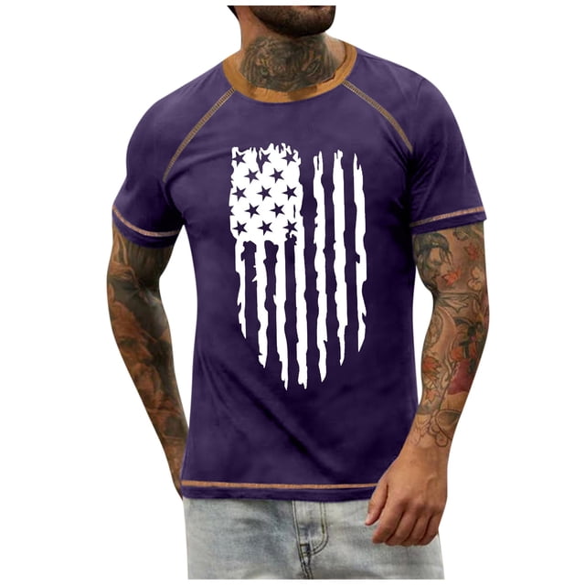 Men's Raglan T-shirt Retro Short Sleeve Round Neck Independence Day Printing Tops 5XL