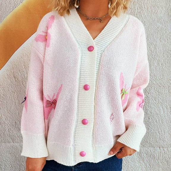 Royisotas Sweaters for Women Knit Cardigan White Button Down Printed V Neck Long Sleeve Juniors Sweater Tops Loose