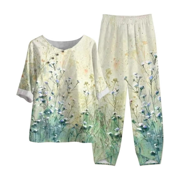 Lolmot Linen Sets for Women 2-piece Outfits Loose Fit Half Sleeved Print Top and High Waisted Pants Solid Color Fashion Track Suit