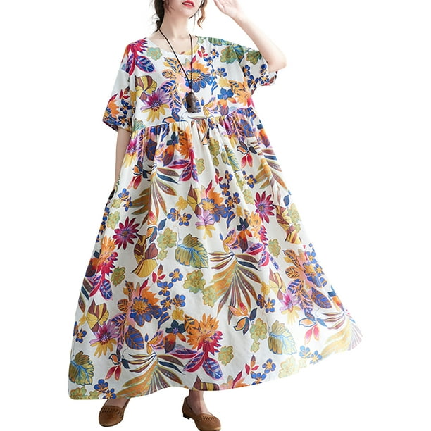 Vestido suelto de mujer con bolsillos Vestido de playa informal de manga corta con estampado vi Irfora Vestido