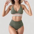 thumbnail image 5 of Women's High Waist Bikini Set with Crochet Waistband and Halter V Neck Top - Large, Green, 5 of 7