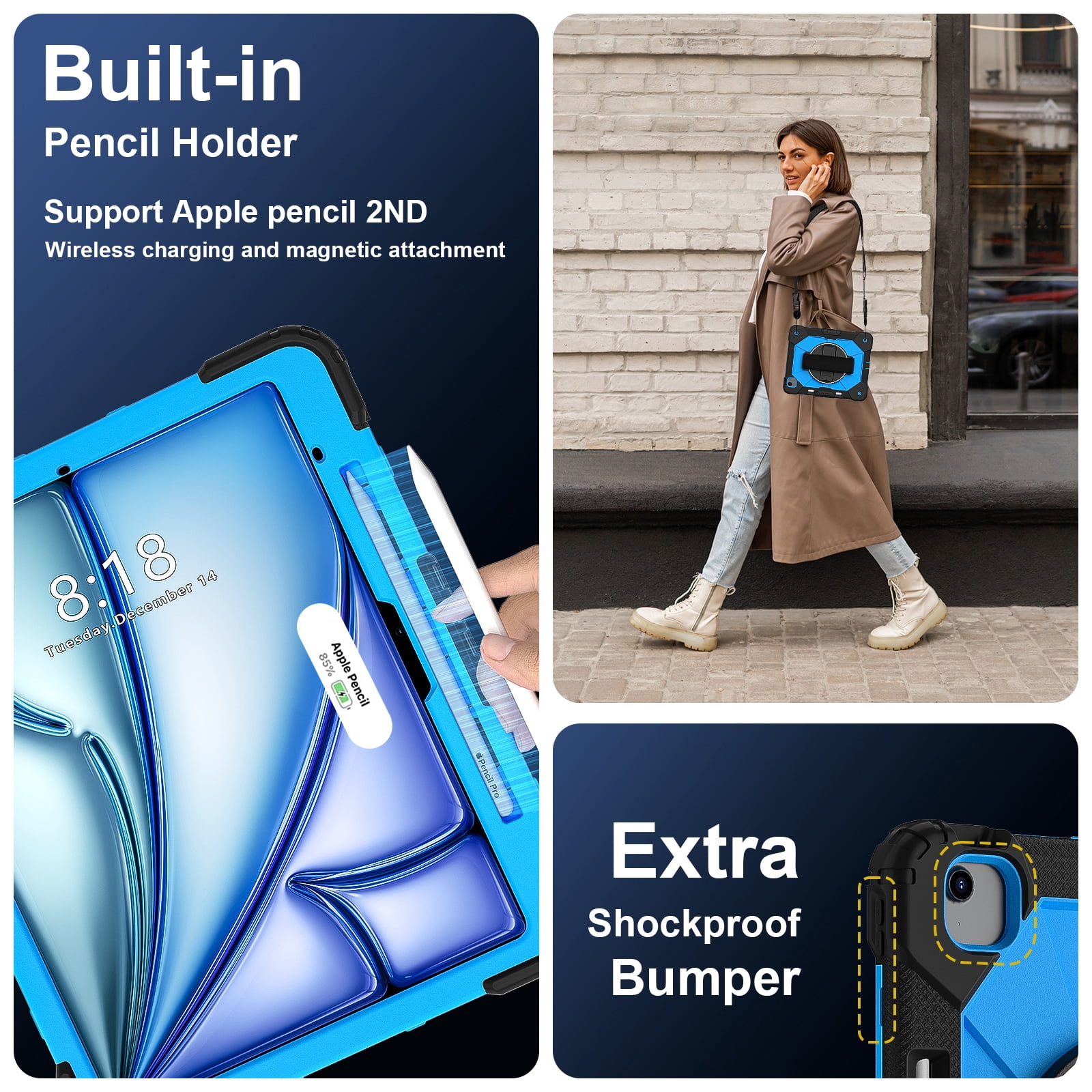 Dteck Case for iPad Air 13 inch 2025/2024 (M3/M2) with Pencil Holder, Shockproof Silicone + PC 3 Layer Protection Case Heavy Duty 360° Rotating Hand Strap Kickstand Cover,Black+Blue