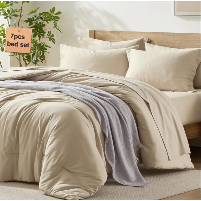 Juego de edredón Homelike Moment Queen de 7 piezas, beige