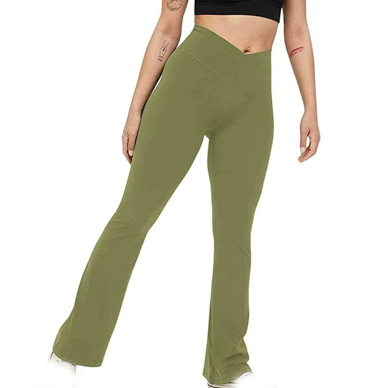 XFLWAM Womens Casual Flare Leggings with Pocket Bootleg Yoga Pants  Crossover Hight Waisted Workout Pants Green S