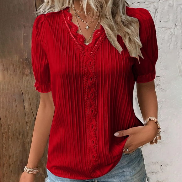 Meichang Womens Summer T Shirts Lace V Neck Tees Trendy Puff Short Sleeve Tops Solid Color Dressy Casual Work Office Blouses Plus Size