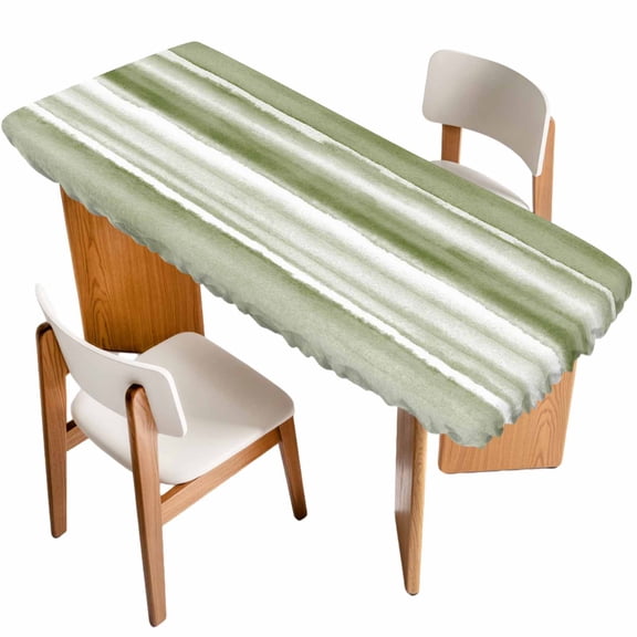 Sage Green Stripes Table Cloths for 8 Foot Rectangle Tables, Watercolor Gradient Abstract Striped Patio Waterproof Elastic Fitted Tablecloths, Washable Rectangular Table Cover for Camping