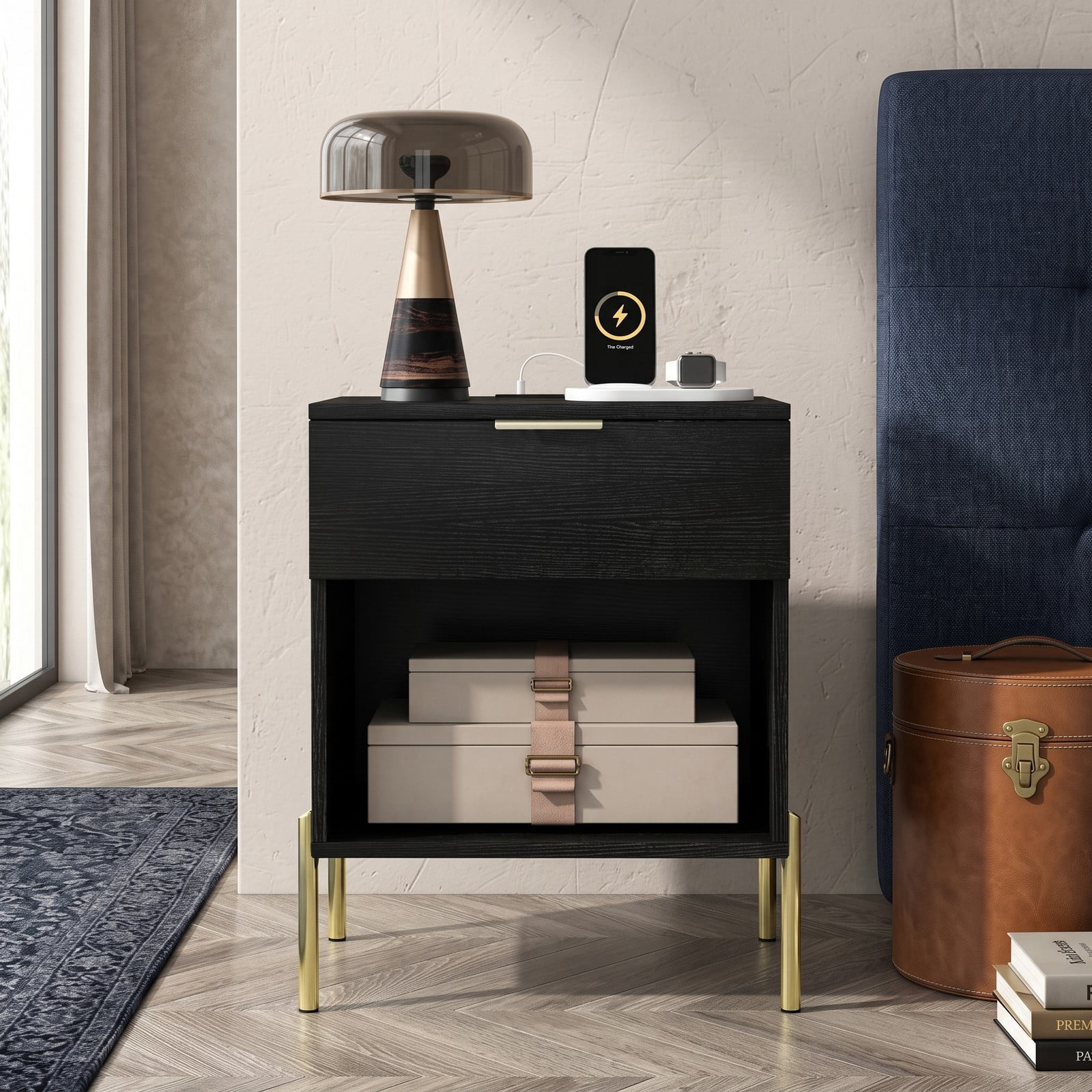 Furnibear Modern Nightstand with Charging Station for Bedroom, 1 Drawer and Open Compartment Bedside Table with Metal Legs, Black