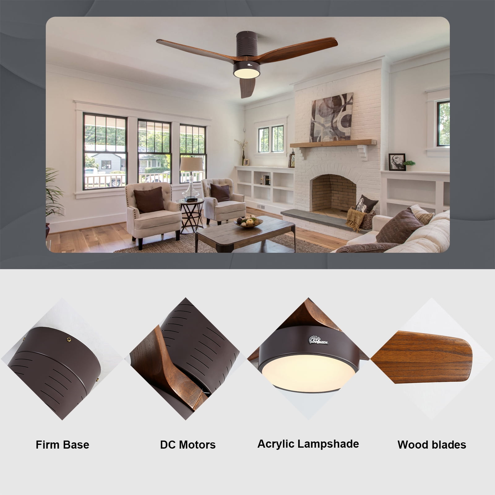 Sofucor 52" Flush Mount Bronze Modern Ceiling Fan with Integrated LED Light