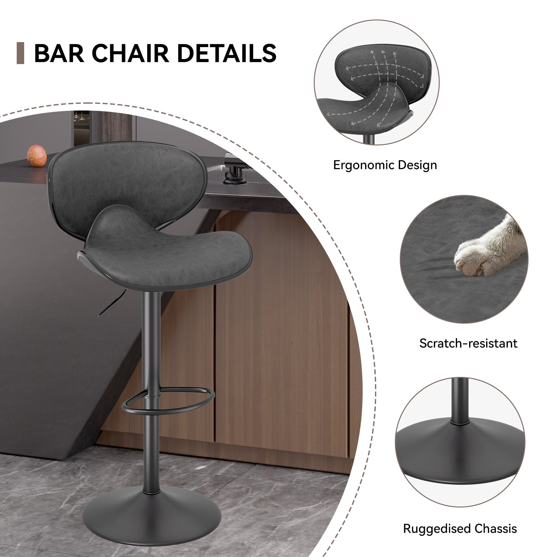 Hawsaiy Adjustable Swivel Bar Stools Set of 2 with Back and Footrest, Faux Leather Counter Height Kitchen Stools, Modern Bar Chairs for Island and Home Bar, Black