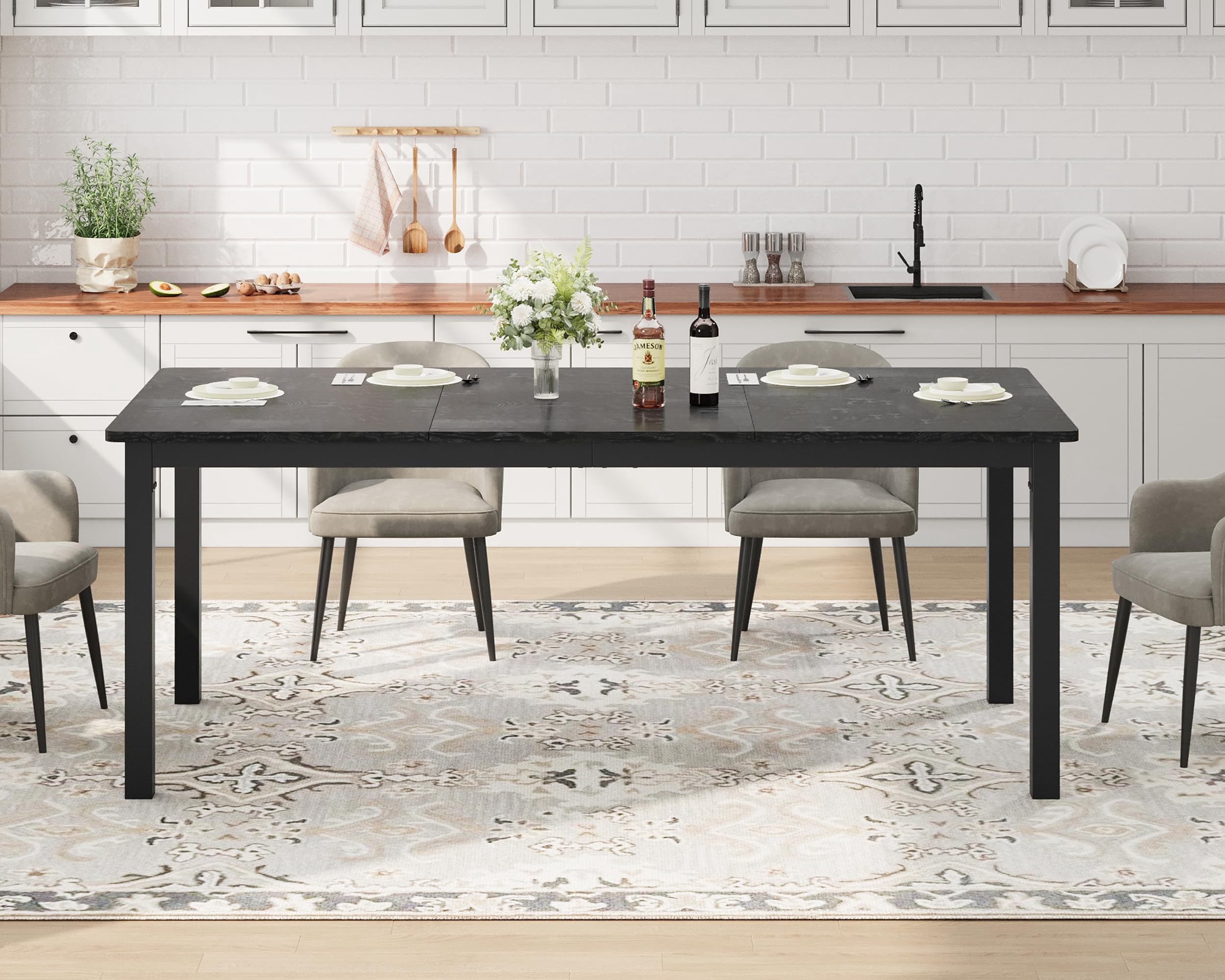 Yeshouse Long Industrial Dining Table, 71"/79" Sturdy Metal Frame Kitchen Table, Round Corner Design, Seats 6-8, Easy Assembly
