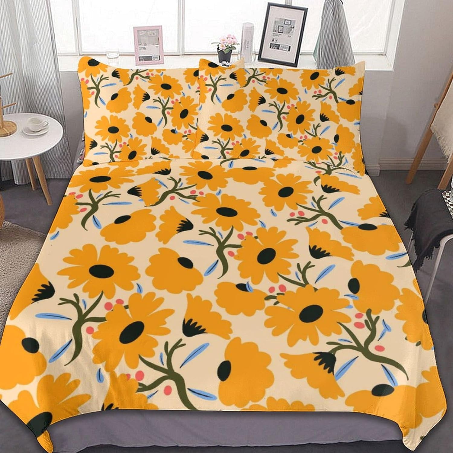 HAHDAXIA Yellow Chrysanthemum Bedding Solid Comforter Set for All Seasons 3 Pieces(1 Comforter+2 Pillowcases) Soft Microfiber Bedding Set King(102"x90")