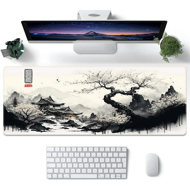 Japanese White Mouse Pad, Large Cherry Blossom Desk Mat, XL Anime Gaming Keyboard Mat, Non-Slip Rubber Base, Big Extended Desk Protector for Home Office, 31.5"x11.8" (River Snow)