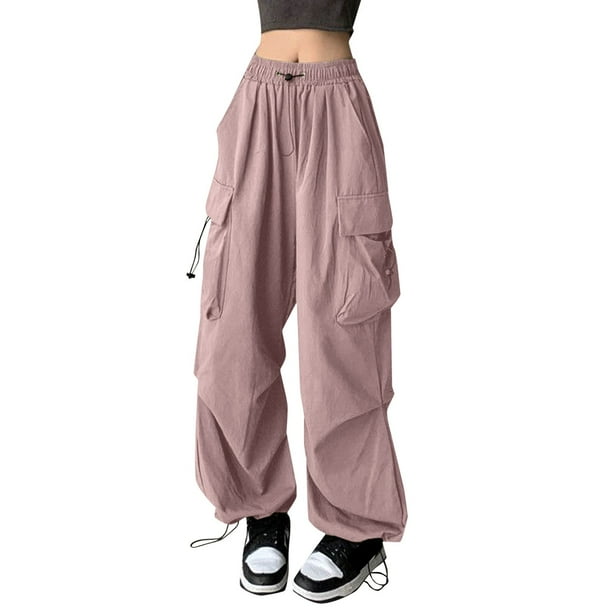 Pantalones cargo holgados para mujer: pierna ancha con cordón, poliéster, ropa urbana/hip hop, tallas S-XXL