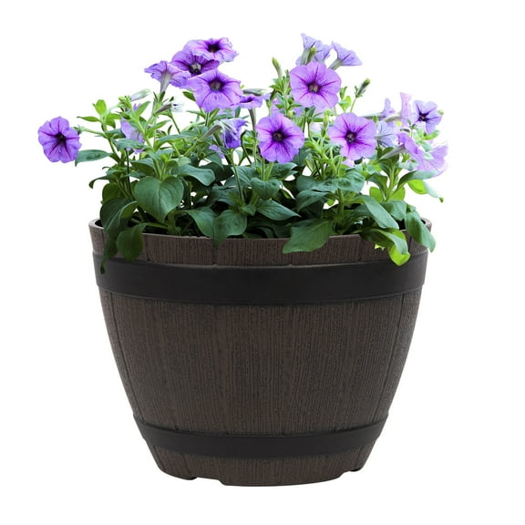QCQHDU Plant Pots 7.6 Inch, whiskey Barrel Planters with Drainage Holes & Stoppers, Plastic Decoration Flower Pot Imitation Wine Barrel Design, for Outdoor Garden Planters