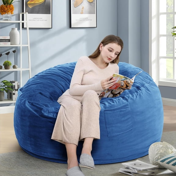 Kromax Large 4’ Bean Bag Chair for Kids, Teens, Adults, Memory Foam, Easy to Clean Washable Soft Suede Cover, Reinforced Zipper, Perfect for Living Room, Den, Bedroom, or Dorm, Blue