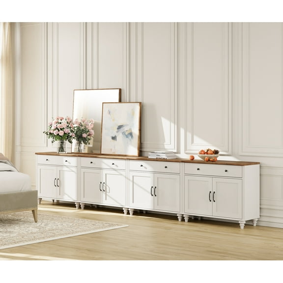 Buffet Cabinet with 8 Doors and 4 Drawers, Large Kitchen Storage Cabinets Wood Coffee Bar Tables with Adjustable Shelf, Modern Farmhouse Sideboard for Dining Room, Living Room, Off White, 136 inch
