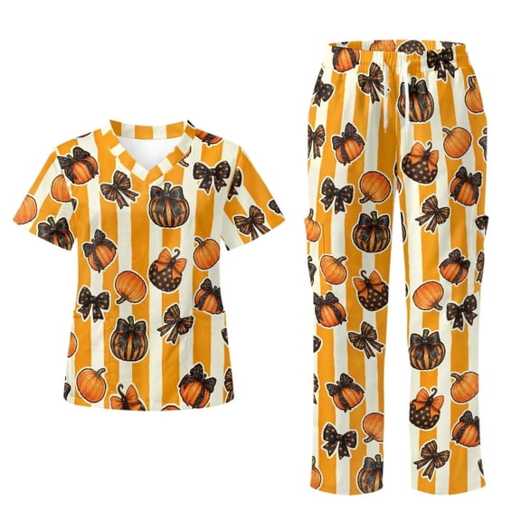 Yspwyqan Pumpkin Bow Scrubs for Women Set, 2 Piece V-Neck Short Sleeve Scrub Top & Straight Leg Pants, Stretchy Breathable Uniforms for Medical Nurse Work, Size S