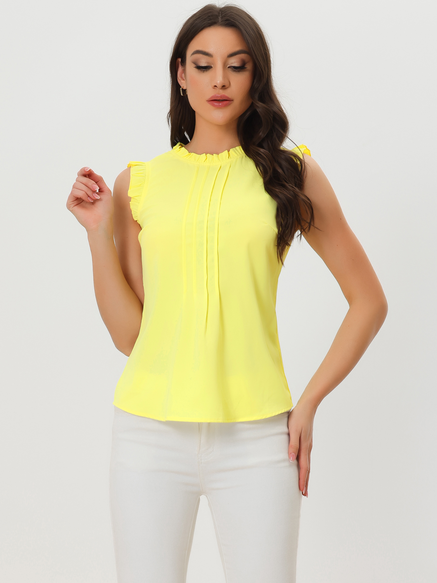 DARING DIVA Women's Ruffled Trim Pleated Plain Blouse Top XS Light Yellow