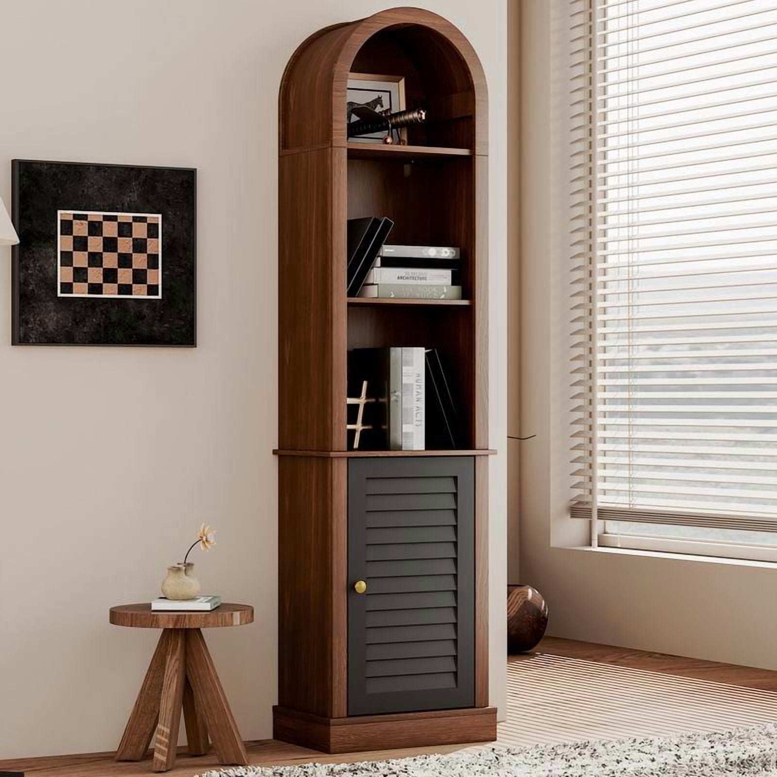 Arched Display Cabinet with Louver Doors 31.5x15.75x70.8 Inch Walnut Storage for Living Room Entryway