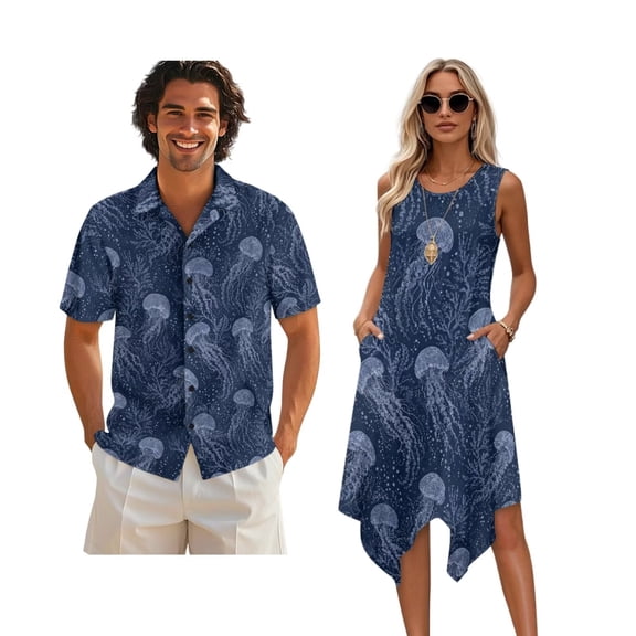 Whosucclay Jellyfish Coral Print Matching Hawaiian Outfits for Couples, Women's Casual Summer Sleeveless Crewneck Dress with Pockets Men's Hawaiian Button Down Aloha Shirt, S