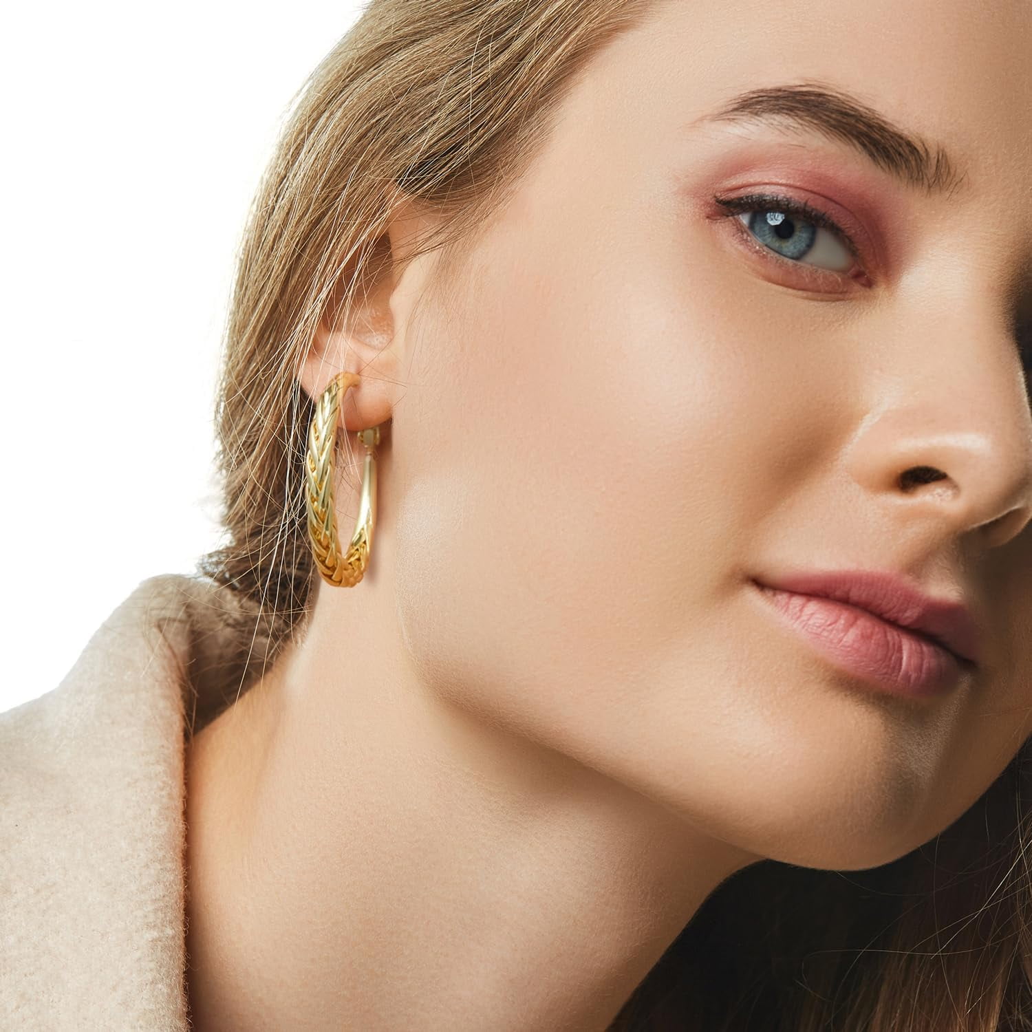 14K Gold Hoop Earrings for Women Large 35mm Intricate Weave Design 14K Gold Hoop Earrings Lightweight Gold Plated Earrings for Women Elegant Drop Hoops Secure Closure